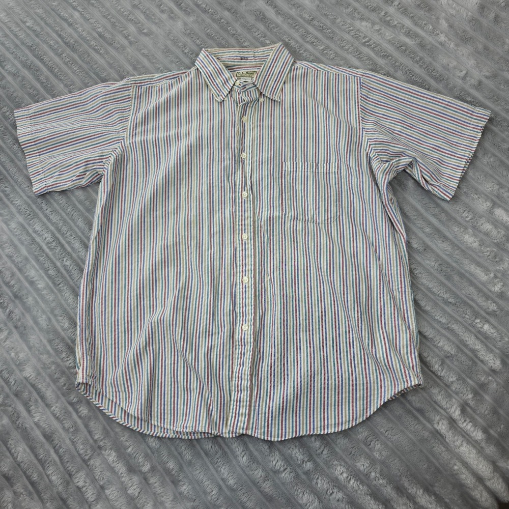 LL Bean Mens XL Seersucker Short Sleeve Button Down Shirt Multi Stripe USA Made